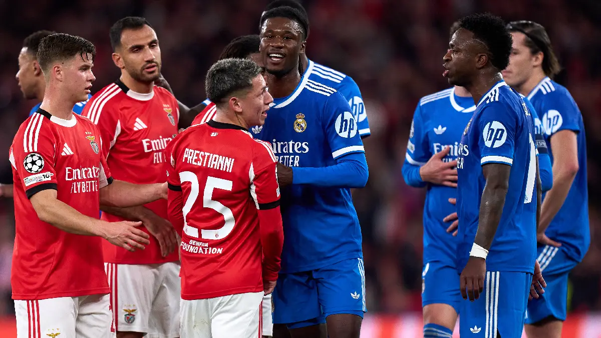 LISBON, PORTUGAL - FEBRUARY 17: Gianluca Prestianni of Benfica speaks towards Vinicius Junior of Real Madrid during the UEFA Champions League 2025/26 League Knockout Play-off First Leg match between SL Benfica and Real Madrid C.F. at Estadio do SL Benfica on February 17, 2026 in Lisbon, Portugal. (Photo by Angel Martinez/Getty Images)