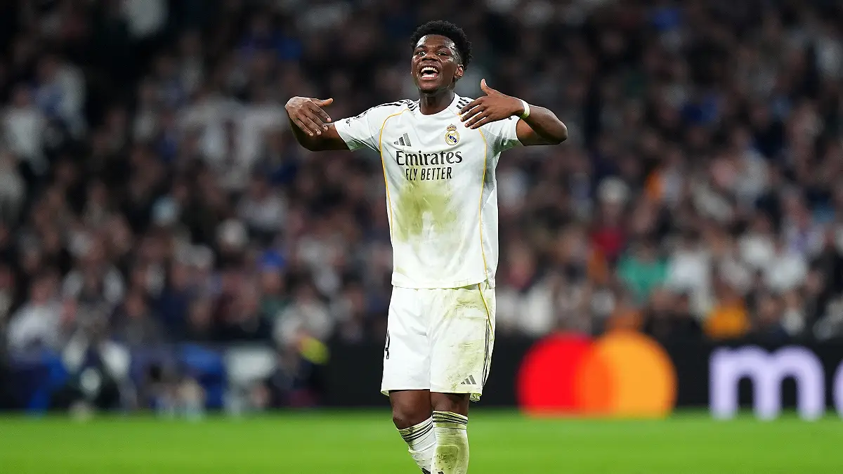 MADRID, SPAIN - FEBRUARY 25: Aurelien Tchouameni of Real Madrid gestures during the UEFA Champions League 2025/26 League Knockout Play-off Second Leg match between Real Madrid C.F. and SL Benfica at Estadio Santiago Bernabeu on February 25, 2026 in Madrid, Spain. (Photo by Angel Martinez/Getty Images).