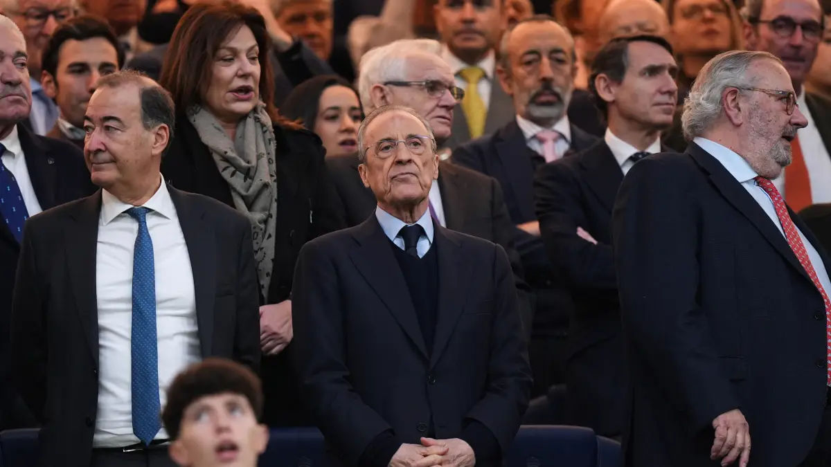 MADRID, SPAIN - FEBRUARY 01: Florentino Perez, President of Real Madrid, looks on prior to the LaLiga EA Sports match between Real Madrid CF and Rayo Vallecano de Madrid at Estadio Santiago Bernabeu on February 01, 2026 in Madrid, Spain. (Photo by Angel Martinez/Getty Images)