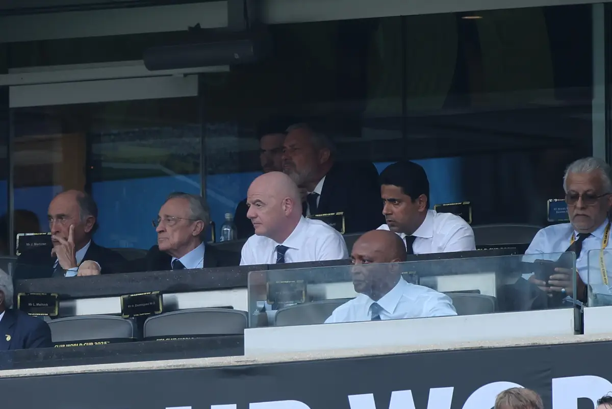 EAST RUTHERFORD, NEW JERSEY - JULY 09: President of Real Madrid, Florentino Pérez, Gianni Infantino, President of FIFA and Paris Saint-Germain owner Nasser Al-Khelaifi watch on during the FIFA Club World Cup 2025 semi-final match between Paris Saint-Germain and Real Madrid CF at MetLife Stadium on July 09, 2025 in East Rutherford, New Jersey. (Photo by Alex Grimm/Getty Images)