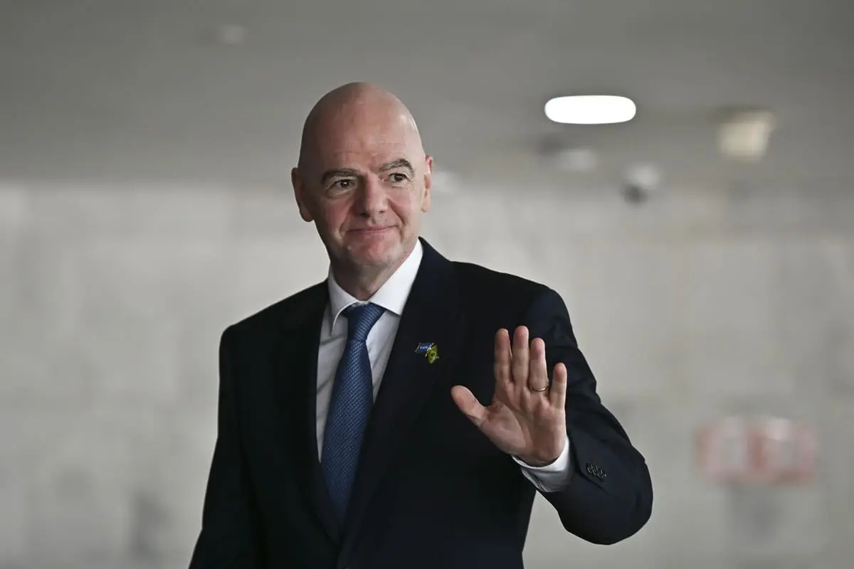 BRASILIA, BRAZIL - JANUARY 26: FIFA President Gianni Infantino gestures after meeting with Brazilian President Lula da Silva, Samir Xaud, President of the Brazilian Football Confederation (CBF), and Carlo Ancelotti, coach of the Brazilian national football team, at Planalto Palace on January 26, 2026 in Brasilia, Brazil. (Photo by Ton Molina/Getty Images).