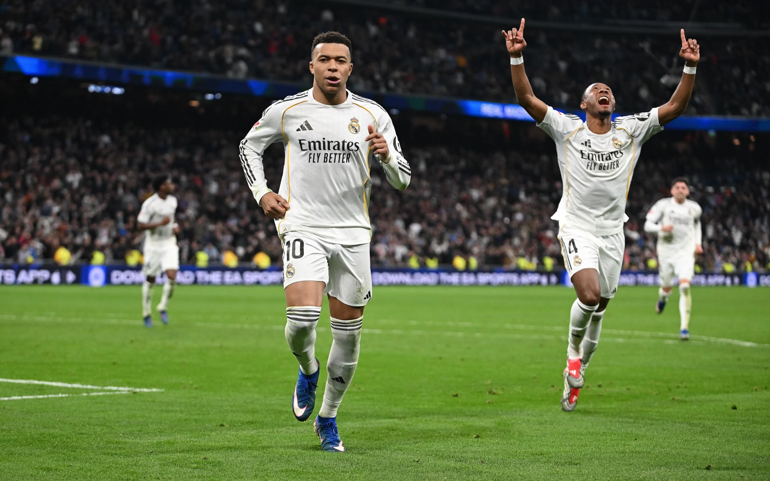 MADRID, SPAIN - FEBRUARY 01: Kylian Mbappe of Real Madridcelebrates scoring his team's second goal from the penalty spot during the LaLiga EA Sports match between Real Madrid CF and Rayo Vallecano de Madrid at Estadio Santiago Bernabeu on February 01, 2026 in Madrid, Spain. (Photo by Denis Doyle/Getty Images)