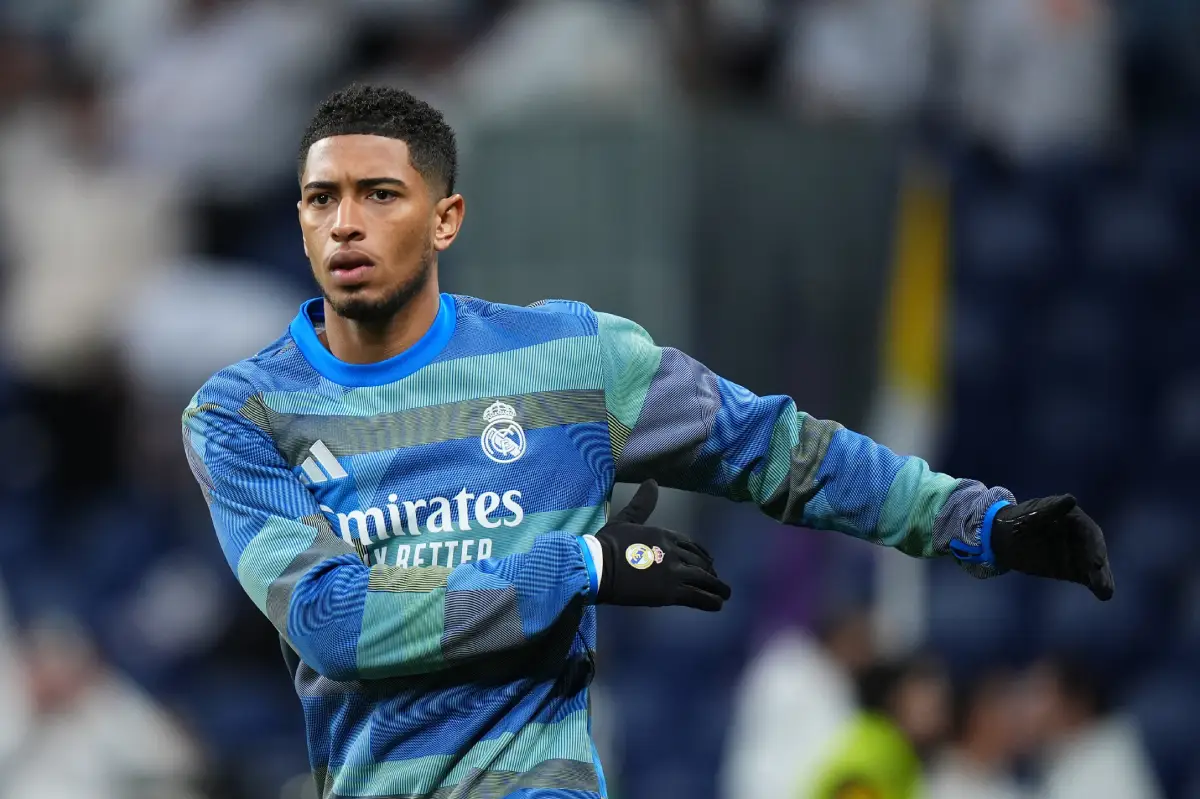 MADRID, SPAIN - FEBRUARY 01: Jude Bellingham of Real Madrid warms up prior to the LaLiga EA Sports match between Real Madrid CF and Rayo Vallecano de Madrid at Estadio Santiago Bernabeu on February 01, 2026 in Madrid, Spain. (Photo by Angel Martinez/Getty Images)