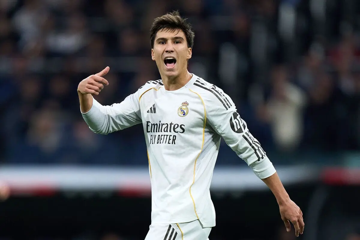 MADRID, SPAIN - FEBRUARY 01: Gonzalo García of Real Madrid reacts during the LaLiga EA Sports match between Real Madrid CF and Rayo Vallecano de Madrid at Estadio Santiago Bernabeu on February 01, 2026 in Madrid, Spain. (Photo by Angel Martinez/Getty Images).