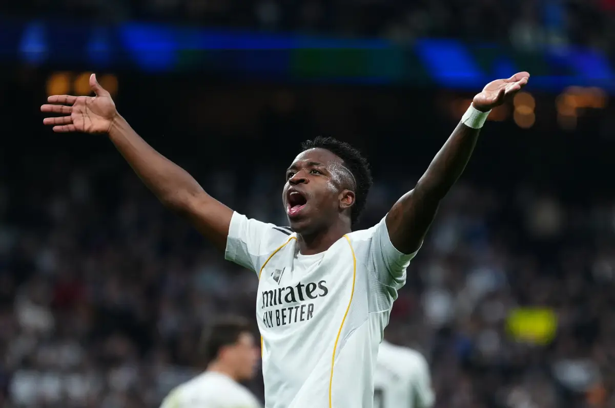 MADRID, SPAIN - FEBRUARY 01: Vinicius Junior of Real Madrid celebrates scoring his team's first goal during the LaLiga EA Sports match between Real Madrid CF and Rayo Vallecano de Madrid at Estadio Santiago Bernabeu on February 01, 2026 in Madrid, Spain. (Photo by Angel Martinez/Getty Images)