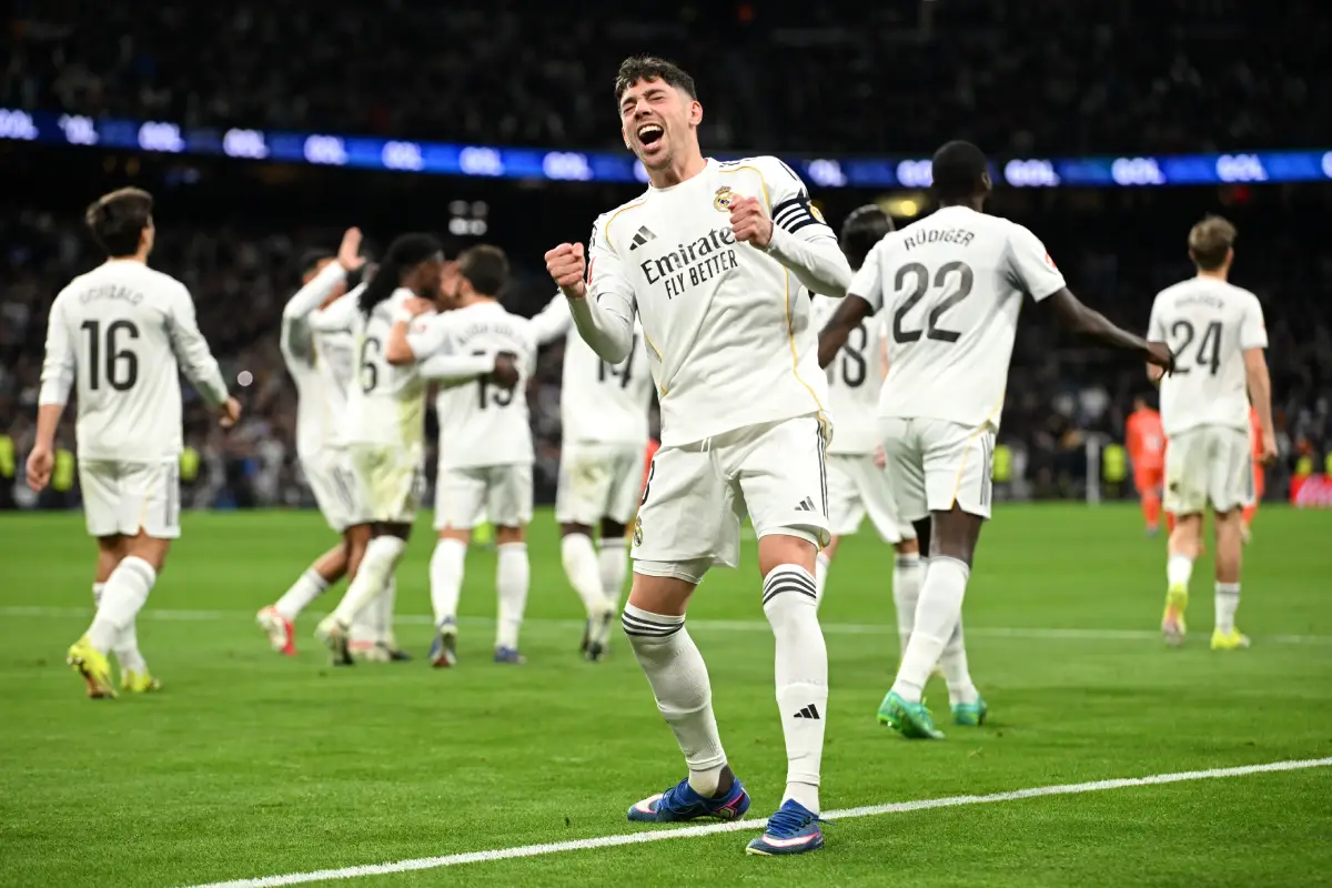 Federico Valverde ofMADRID, SPAIN - FEBRUARY 14: Federico Valverde of Real Madrid celebrates scoring his team's third goal during the LaLiga EA Sports match between Real Madrid CF and Real Sociedad at Estadio Santiago Bernabeu on February 14, 2026 in Madrid, Spain. (Photo by Denis Doyle/Getty Images)