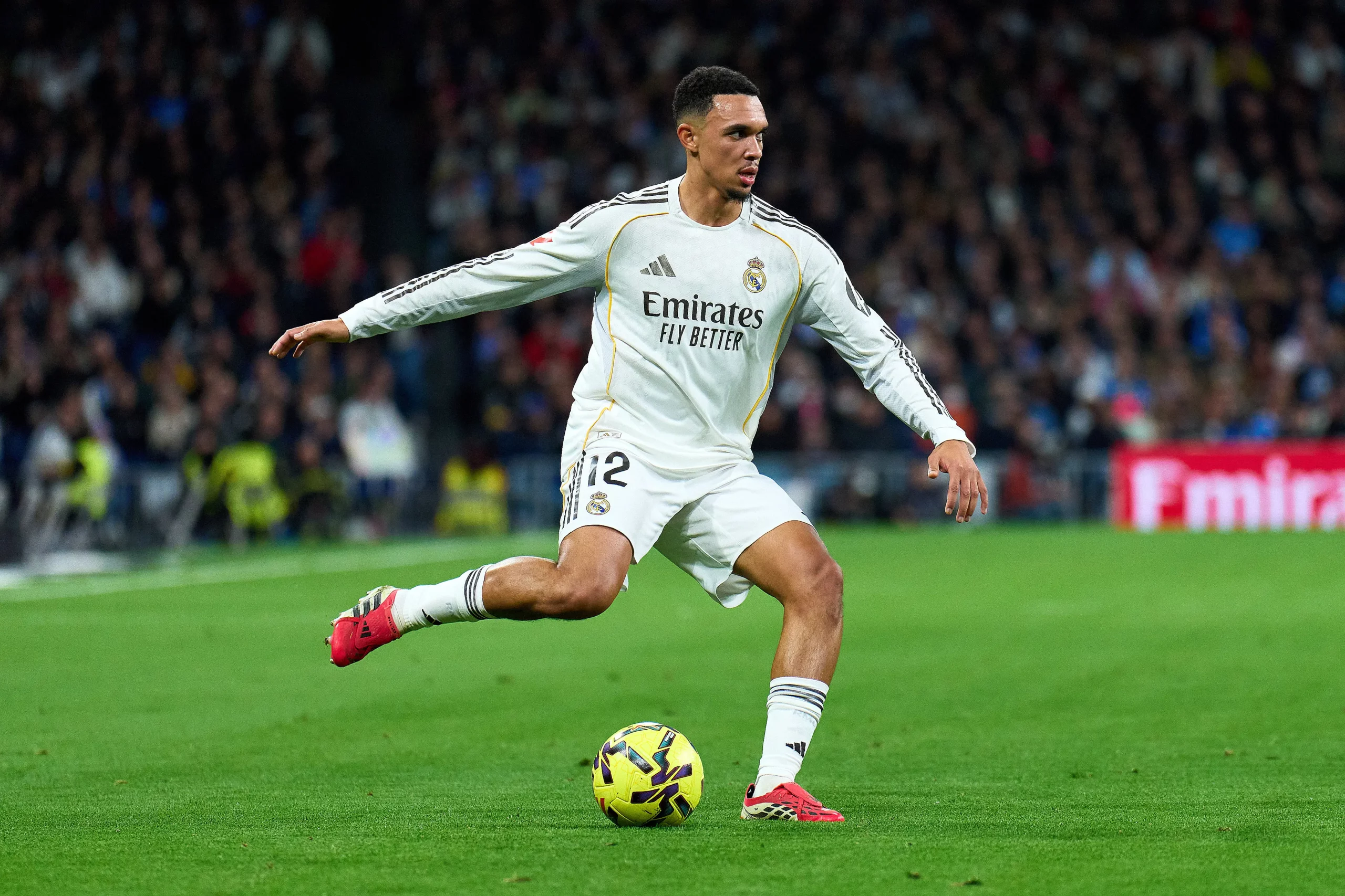 MADRID, SPAIN - FEBRUARY 14: Trent Alexander-Arnold of Real Madrid in action during the LaLiga EA Sports match between Real Madrid CF and Real Sociedad at Estadio Santiago Bernabeu on February 14, 2026 in Madrid, Spain. (Photo by Angel Martinez/Getty Images)
