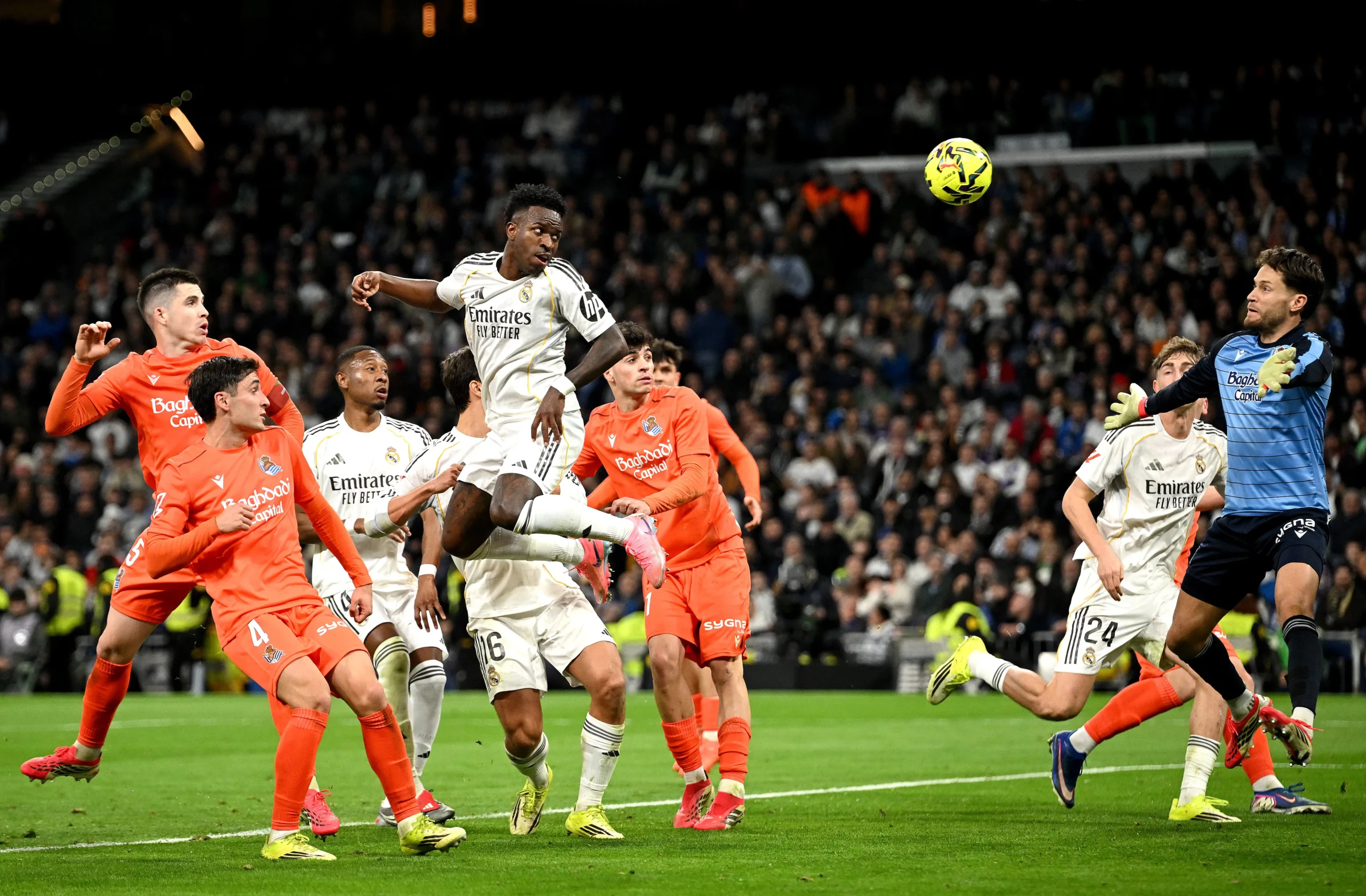 MADRID, SPAIN - FEBRUARY 14: Vinicius Junior of Real Madrid scores a goal which was later ruled out by VAR during the LaLiga EA Sports match between Real Madrid CF and Real Sociedad at Estadio Santiago Bernabeu on February 14, 2026 in Madrid, Spain. (Photo by Denis Doyle/Getty Images)