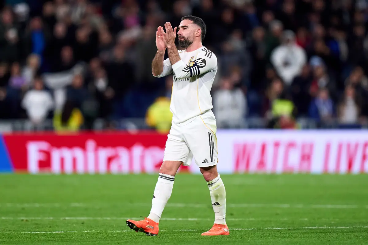 MADRID, SPAIN - FEBRUARY 14: Daniel Carvajal of Real Madrid acknowledges the fans after the LaLiga EA Sports match between Real Madrid CF and Real Sociedad at Estadio Santiago Bernabeu on February 14, 2026 in Madrid, Spain. (Photo by Angel Martinez/Getty Images)