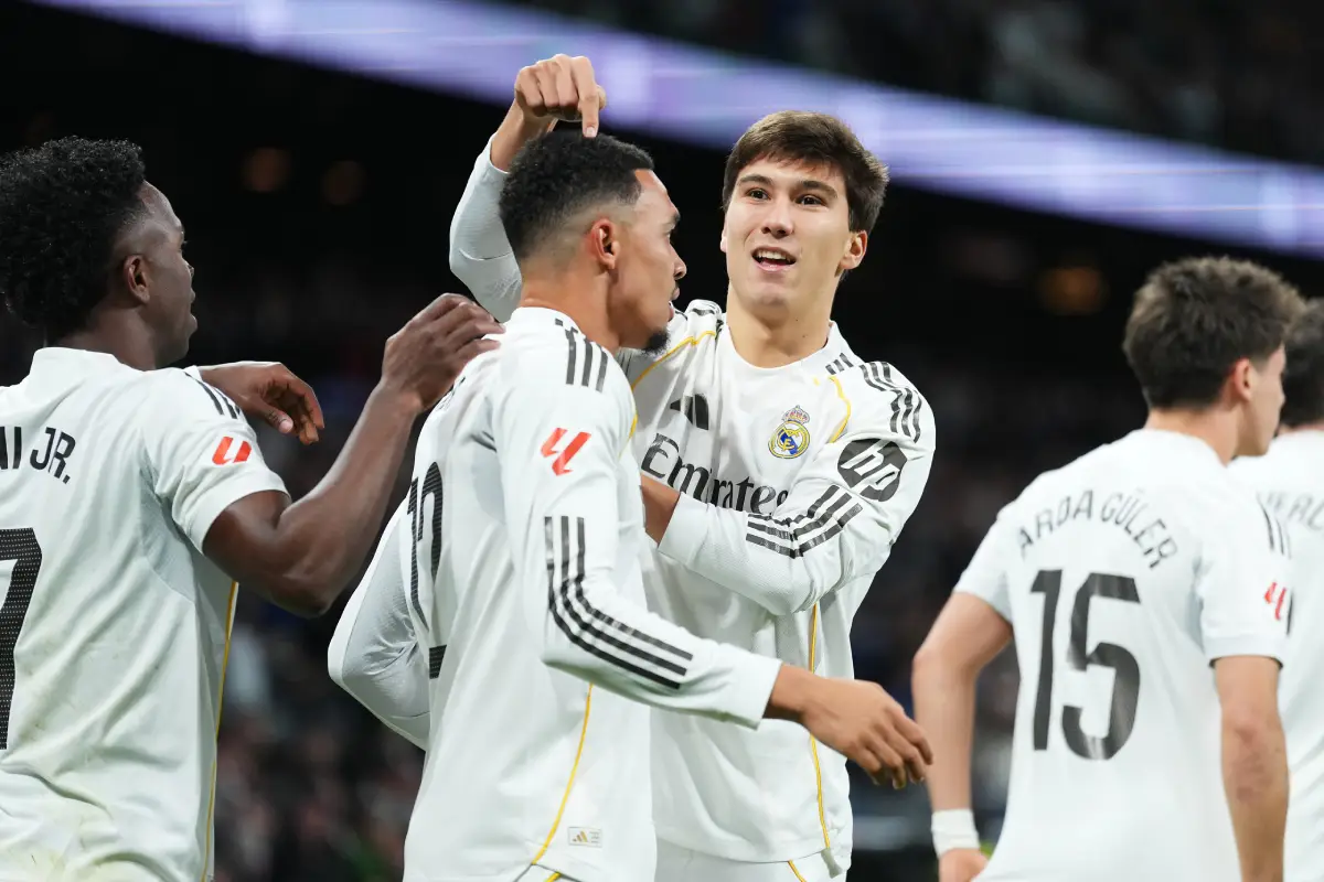 MADRID, SPAIN - FEBRUARY 14: Gonzalo Garcia of Real Madrid celebrates scoring his team's first goal with teammate Trent Alexander-Arnold during the LaLiga EA Sports match between Real Madrid CF and Real Sociedad at Estadio Santiago Bernabeu on February 14, 2026 in Madrid, Spain. (Photo by Angel Martinez/Getty Images)