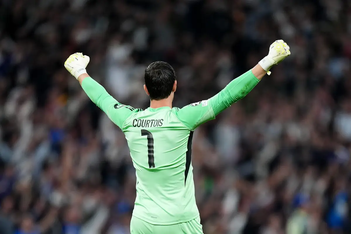 MADRID, SPAIN - FEBRUARY 25: Thibaut Courtois of Real Madrid celebrates during the UEFA Champions League 2025/26 League Knockout Play-off Second Leg match between Real Madrid C.F. and SL Benfica at Estadio Santiago Bernabeu on February 25, 2026 in Madrid, Spain. (Photo by Angel Martinez/Getty Images)