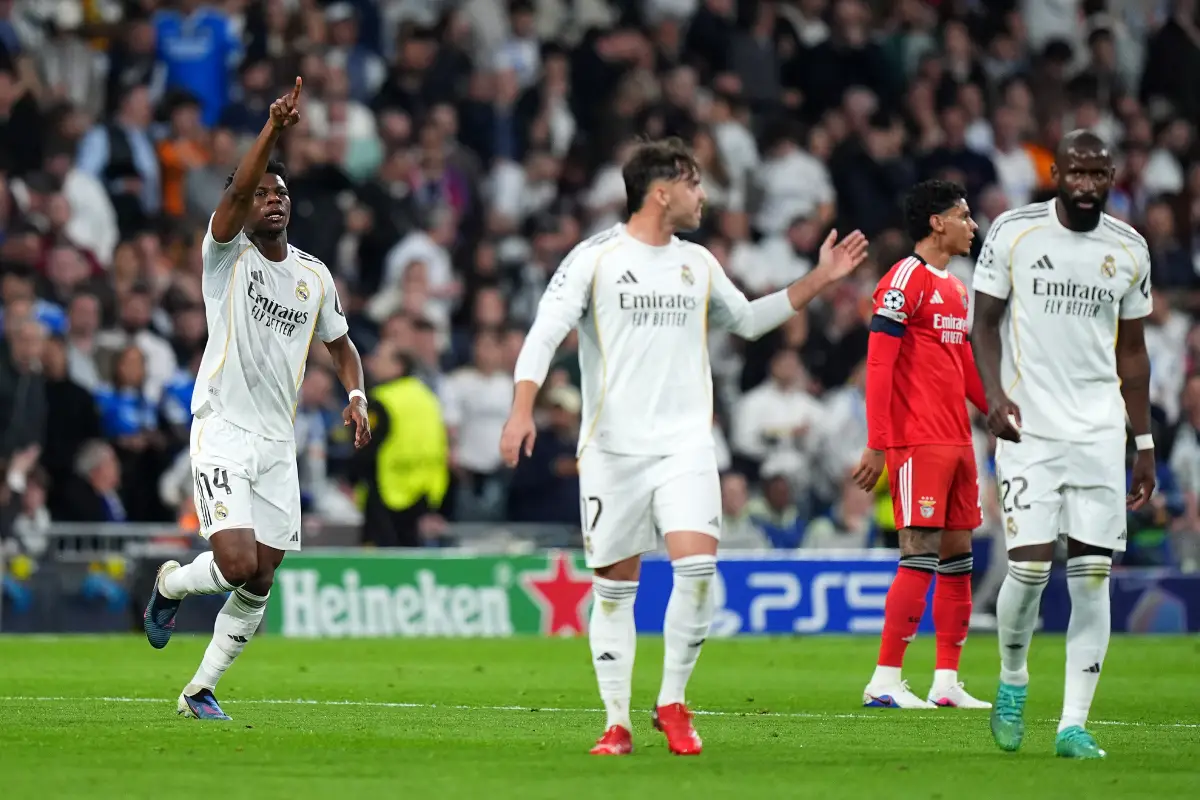 MADRID, SPAIN - FEBRUARY 25: Aurelien Tchouameni of Real Madrid celebrates scoring his team's first goal the UEFA Champions League 2025/26 League Knockout Play-off Second Leg match between Real Madrid C.F. and SL Benfica at Estadio Santiago Bernabeu on February 25, 2026 in Madrid, Spain. (Photo by Angel Martinez/Getty Images)
