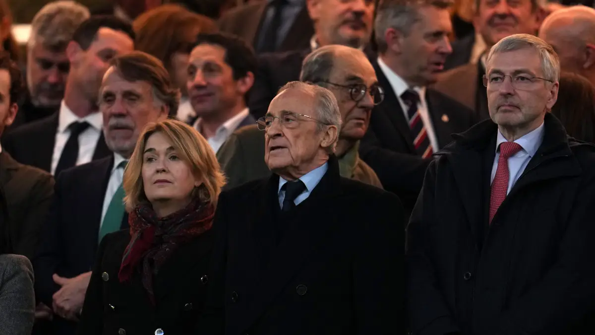 MADRID, SPAIN - JANUARY 20: Florentino Perez, President of Real Madrid, looks on in the stands prior to the UEFA Champions League 2025/26 League Phase MD7 match between Real Madrid C.F. and AS Monaco at Estadio Santiago Bernabeu on January 20, 2026 in Madrid, Spain. (Photo by Aitor Alcalde/Getty Images)