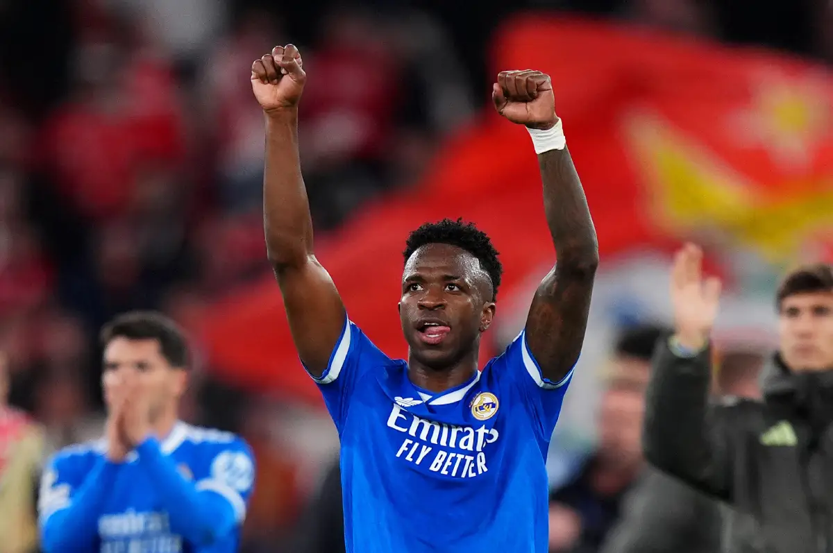 LISBON, PORTUGAL - FEBRUARY 17: Vinicius Junior of Real Madrid celebrates after the team's victory during the UEFA Champions League 2025/26 League Knockout Play-off First Leg match between SL Benfica and Real Madrid C.F. at Estadio do SL Benfica on February 17, 2026 in Lisbon, Portugal. (Photo by Angel Martinez/Getty Images)