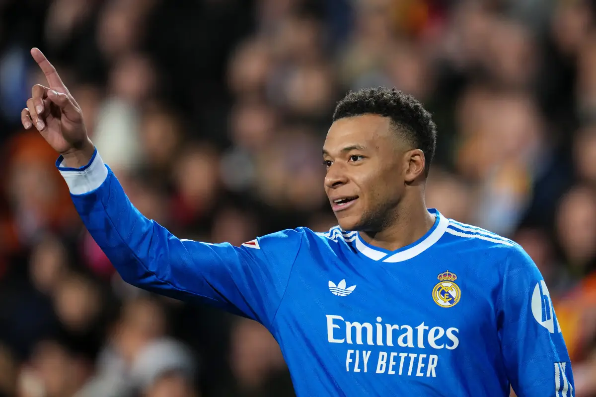 VALENCIA, SPAIN - FEBRUARY 08: Kylian Mbappe of Real Madrid reacts during the LaLiga EA Sports match between Valencia CF and Real Madrid CF at Estadi de Mestalla on February 08, 2026 in Valencia, Spain. (Photo by Aitor Alcalde/Getty Images)