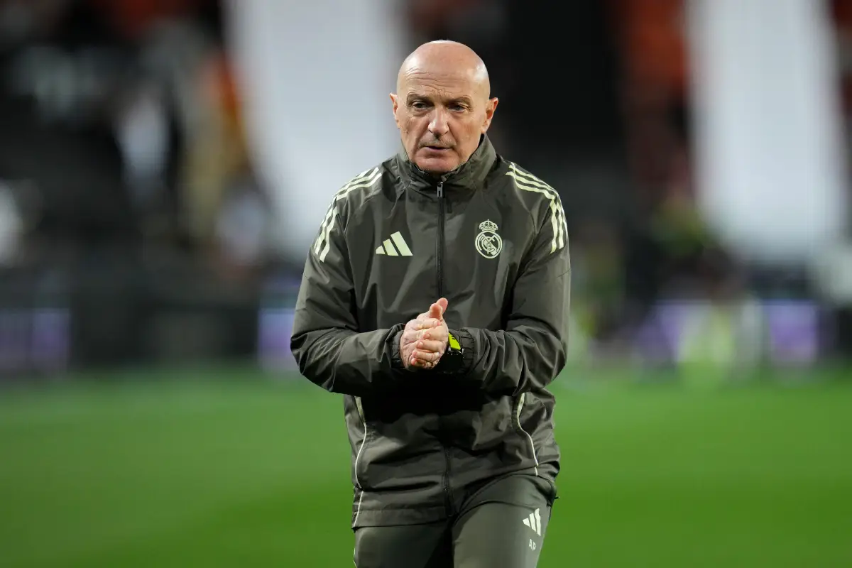 VALENCIA, SPAIN - FEBRUARY 08: Antonio Pintus, Fitness Coach of Real Madrid, looks on in the warm up prior to the LaLiga EA Sports match between Valencia CF and Real Madrid CF at Estadi de Mestalla on February 08, 2026 in Valencia, Spain. (Photo by Aitor Alcalde/Getty Images)