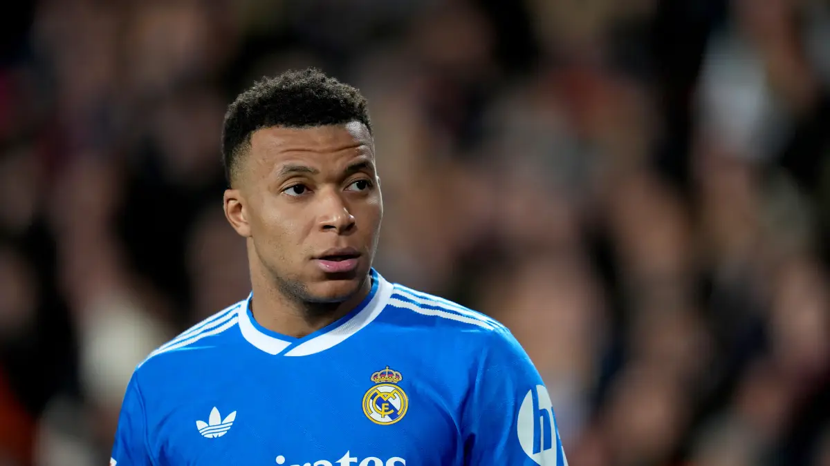 VALENCIA, SPAIN - FEBRUARY 08: Kylian Mbappe of Real Madrid looks on during the LaLiga EA Sports match between Valencia CF and Real Madrid CF at Estadi de Mestalla on February 08, 2026 in Valencia, Spain. (Photo by Aitor Alcalde/Getty Images)