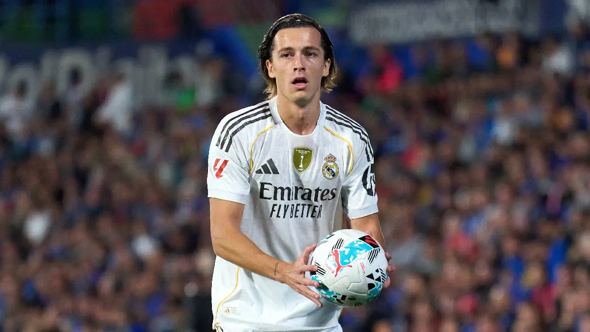 GETAFE, SPAIN - OCTOBER 19: Alvaro Carreras of Real Madrid looks on during the LaLiga EA Sports match between Getafe CF and Real Madrid CF at Coliseum Alfonso Perez on October 19, 2025 in Getafe, Spain. (Photo by Angel Martinez/Getty Images)
