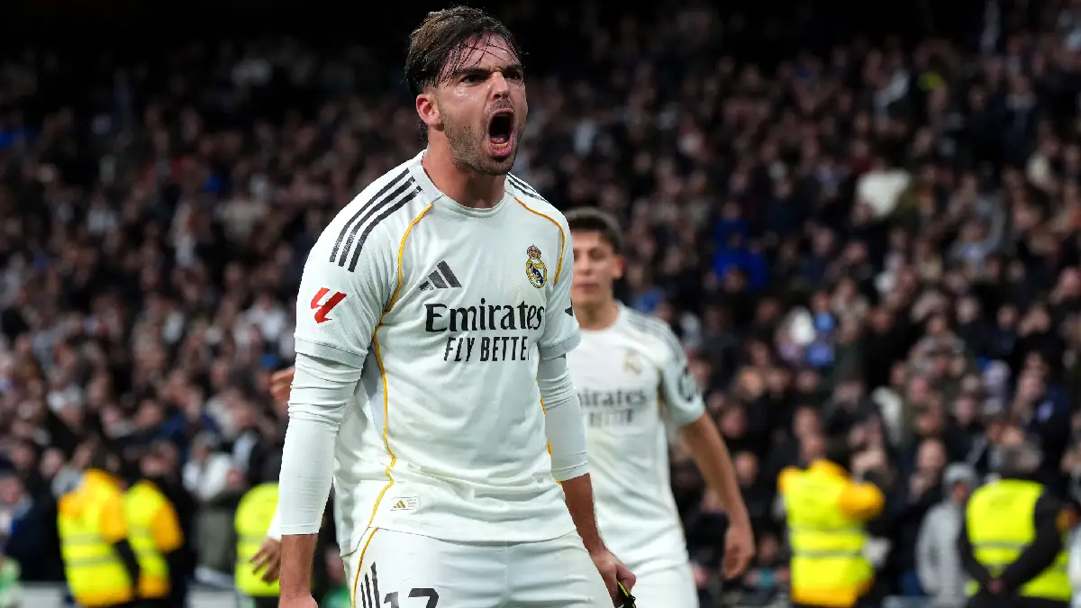 MADRID, SPAIN - JANUARY 17: Raul Asencio of Real Madrid celebrates scoring his team's second goal during the LaLiga EA Sports match between Real Madrid CF and Levante UD at Estadio Santiago Bernabeu on January 17, 2026 in Madrid, Spain. (Photo by Angel Martinez/Getty Images)