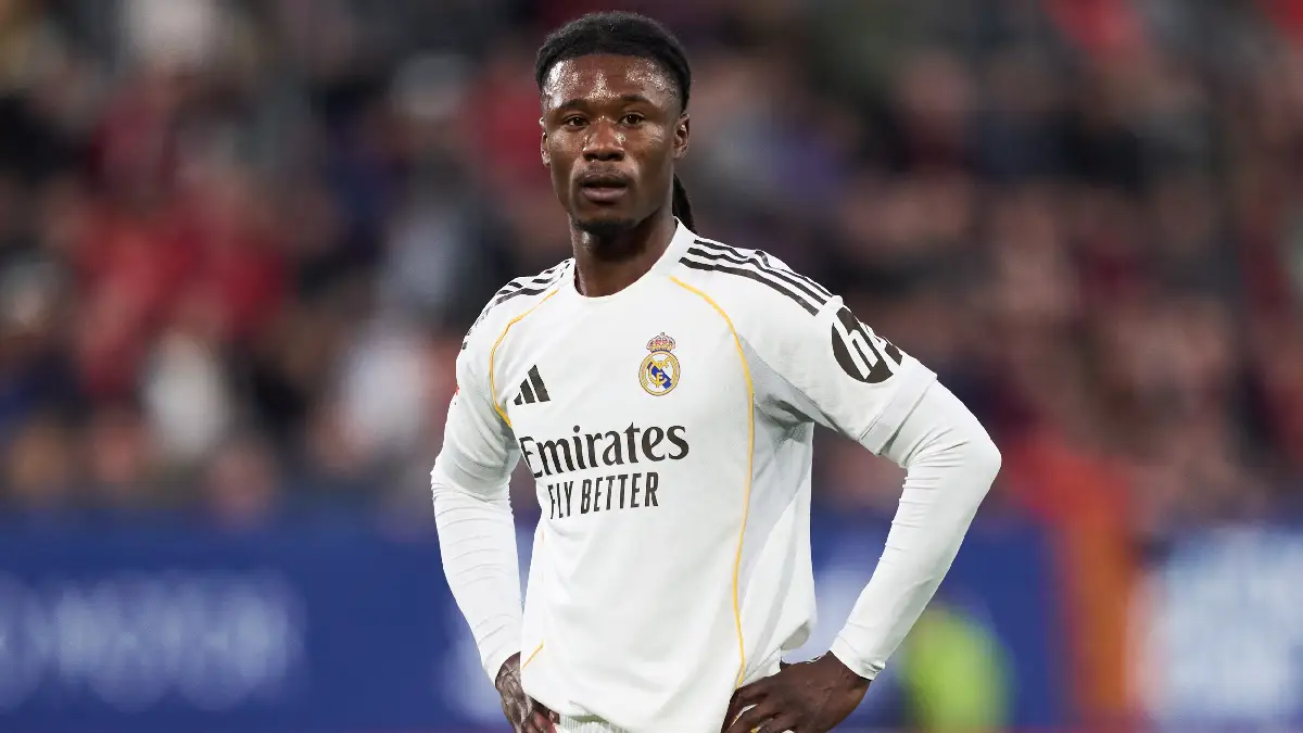 PAMPLONA, SPAIN - FEBRUARY 21: Eduardo Camavinga of Real Madrid looks on during the LaLiga EA Sports match between CA Osasuna and Real Madrid CF at Estadio El Sadar on February 21, 2026 in Pamplona, Spain. (Photo by Juan Manuel Serrano Arce/Getty Images)