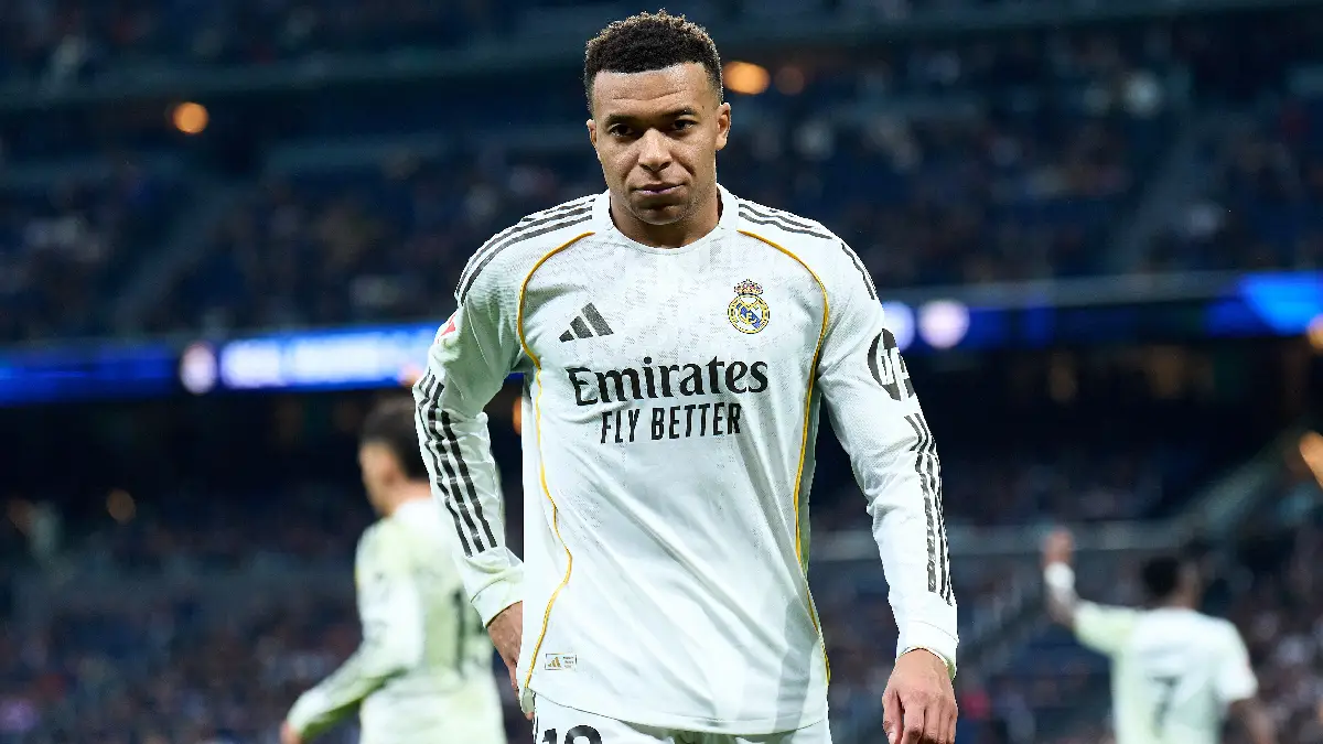 MADRID, SPAIN - FEBRUARY 01: Kylian Mbappe of Real Madrid looks on during the LaLiga EA Sports match between Real Madrid CF and Rayo Vallecano de Madrid at Estadio Santiago Bernabeu on February 01, 2026 in Madrid, Spain. (Photo by Angel Martinez/Getty Images)