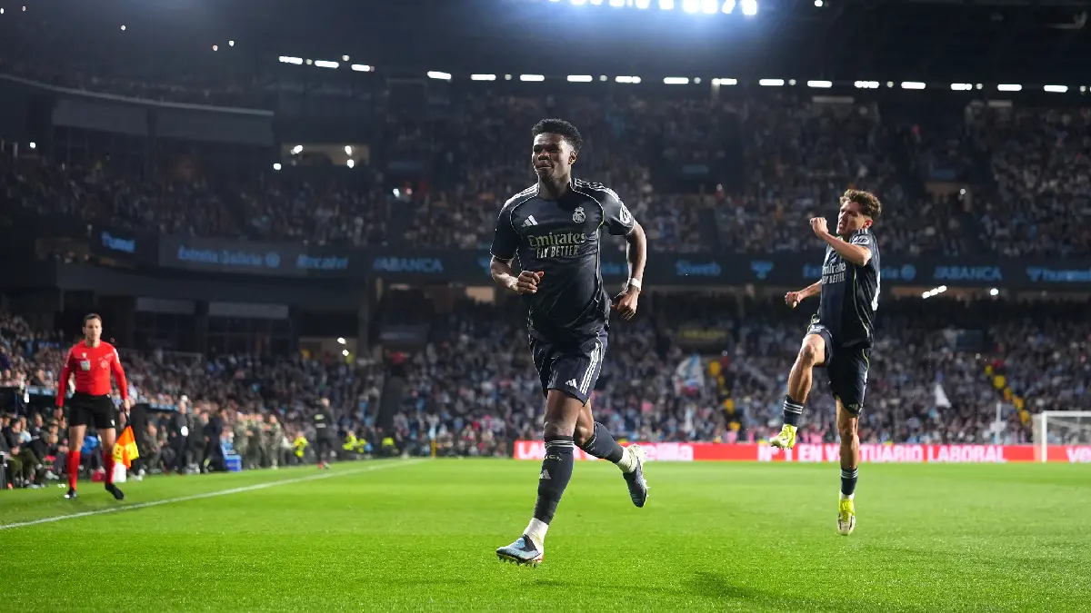 VIGO, SPAIN - MARCH 06: Aurelien Tchouameni of Real Madrid celebrates scoring his team's first goal during the LaLiga EA Sports match between RC Celta de Vigo and Real Madrid CF at Estadio Abanca-Balaidos on March 06, 2026 in Vigo, Spain. (Photo by Jose Manuel Alvarez Rey/Getty Images)