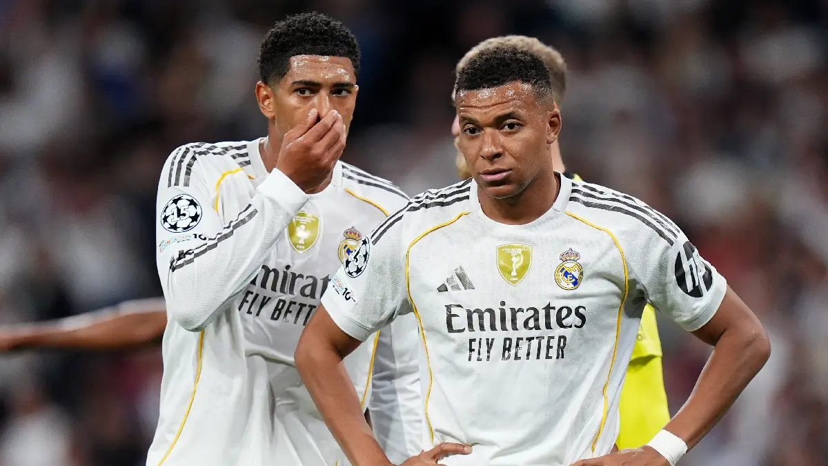 MADRID, SPAIN - OCTOBER 22: Jude Bellingham and Kylian Mbappe of Real Madrid look on during the UEFA Champions League 2025/26 League Phase MD3 match between Real Madrid C.F. and Juventus at Estadio Santiago Bernabeu on October 22, 2025 in Madrid, Spain. (Photo by Angel Martinez/Getty Images)