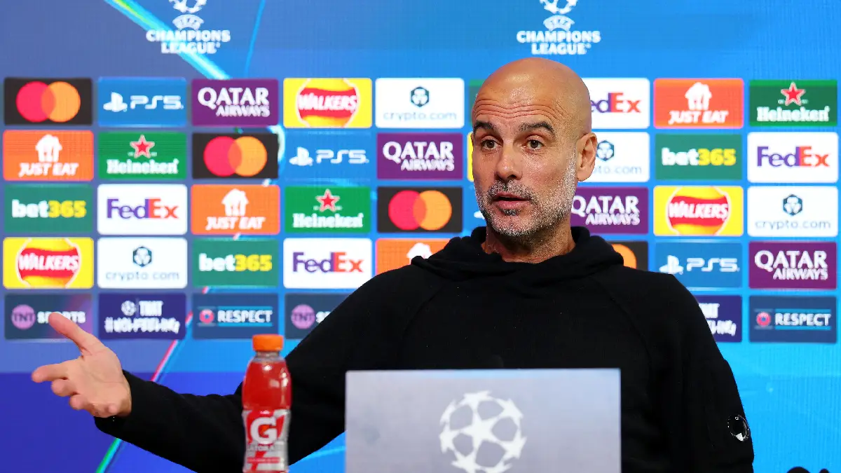 MANCHESTER, ENGLAND - NOVEMBER 24: Pep Guardiola, Manager of Manchester City, reacts as he speaks to the media during a Manchester City Press Conference at Manchester City Football Academy on November 24, 2025 in Manchester, England. (Photo by Molly Darlington/Getty Images)