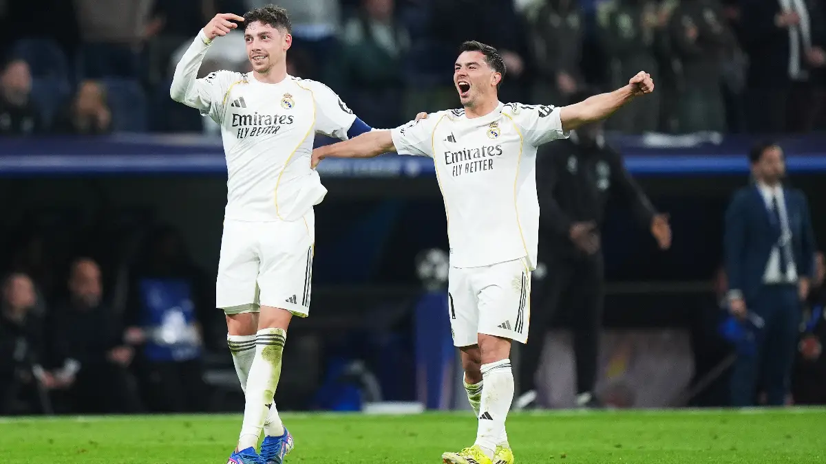 MADRID, SPAIN - MARCH 11: Federico Valverde of Real Madrid celebrates scoring his team's third goal and hat trick with teammate Brahim Diaz during the UEFA Champions League 2025/26 Round of 16 First Leg match between Real Madrid CF and Manchester City FC at Estadio Santiago Bernabeu on March 11, 2026 in Madrid, Spain. (Photo by Angel Martinez/Getty Images)