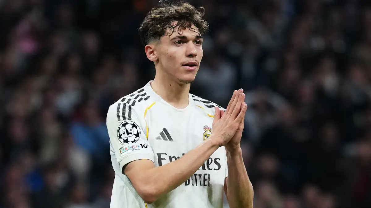 MADRID, SPAIN - MARCH 11: Thiago Pitarch of Real Madrid reacts during the UEFA Champions League 2025/26 Round of 16 First Leg match between Real Madrid CF and Manchester City FC at Estadio Santiago Bernabeu on March 11, 2026 in Madrid, Spain. (Photo by Angel Martinez/Getty Images)