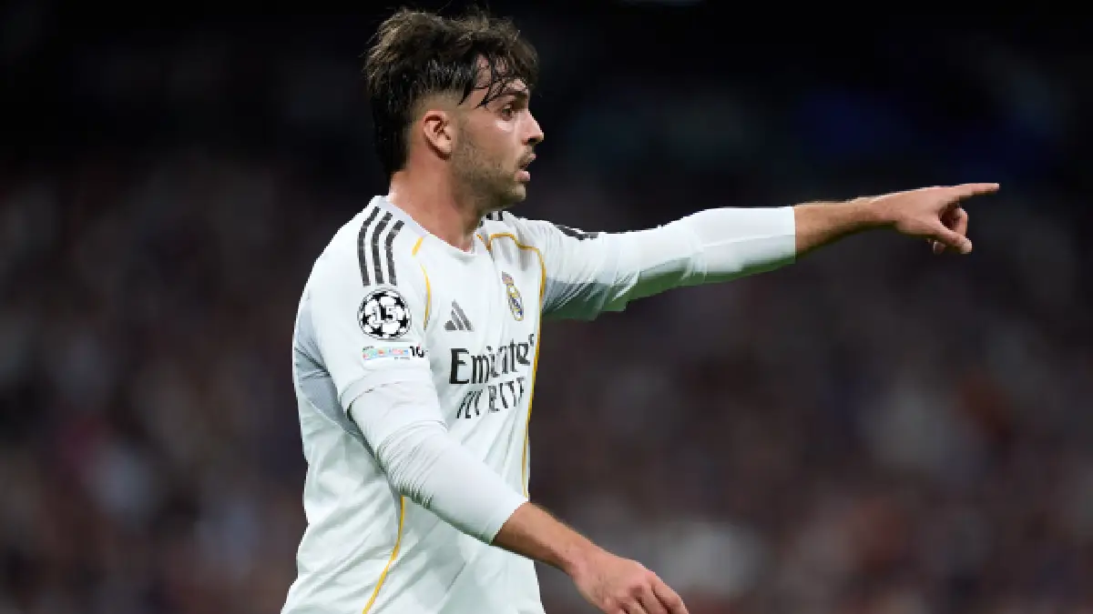 MADRID, SPAIN - FEBRUARY 25: Raúl Asencio of Real Madrid gestures during the UEFA Champions League 2025/26 League Knockout Play-off Second Leg match between Real Madrid C.F. and SL Benfica at Estadio Santiago Bernabeu on February 25, 2026 in Madrid, Spain. (Photo by Angel Martinez/Getty Images)