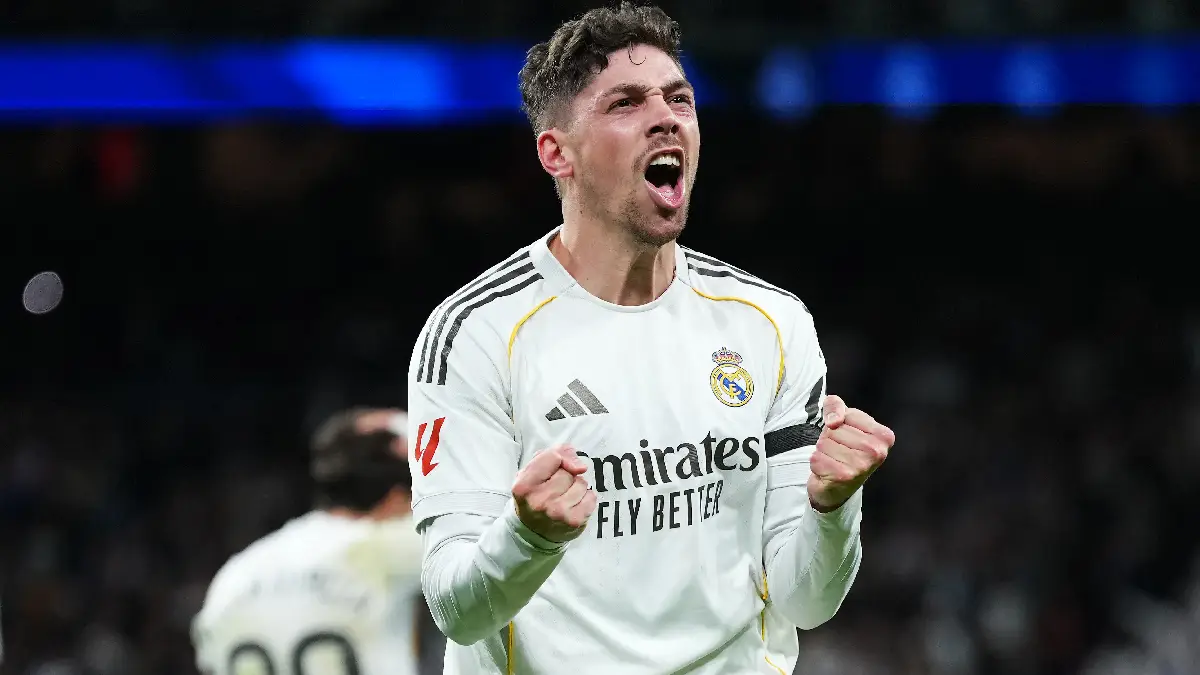 MADRID, SPAIN - MARCH 14: Federico Valverde of Real Madrid celebrates scoring his team's second goal during the LaLiga EA Sports match between Real Madrid CF and Elche CF at Estadio Santiago Bernabeu on March 14, 2026 in Madrid, Spain. (Photo by Angel Martinez/Getty Images)