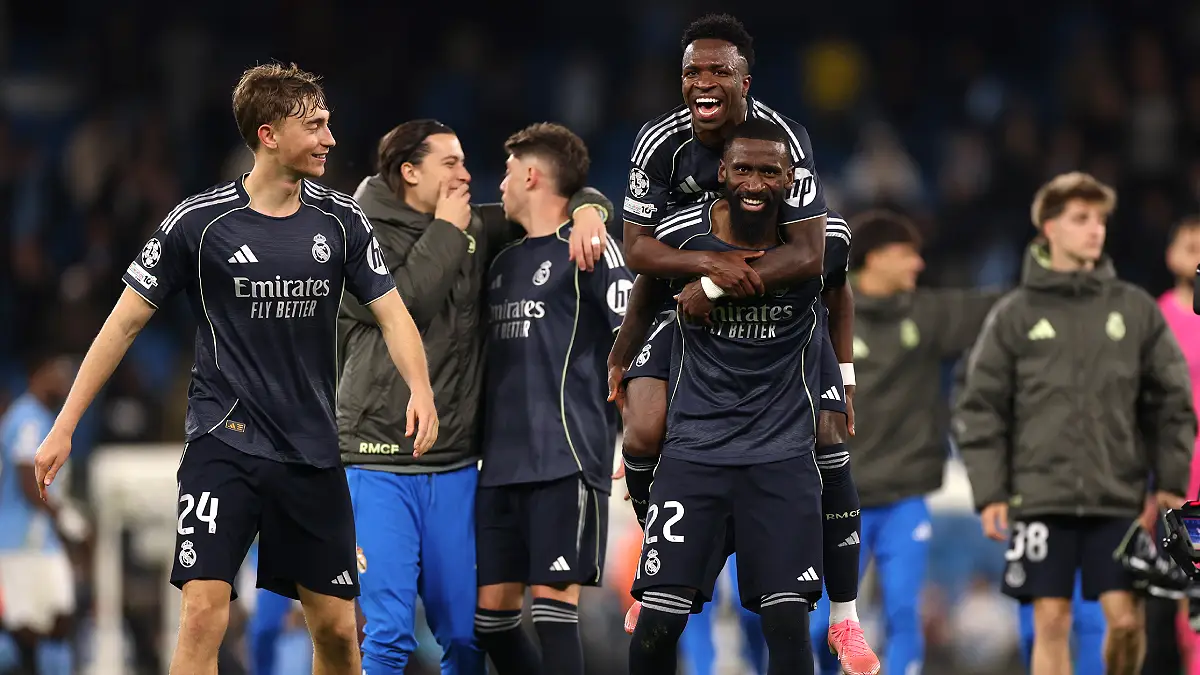 Le Real Madrid célébrant sa qualification à l'Etihad mardi soir (Photo by Carl Recine/Getty Images).