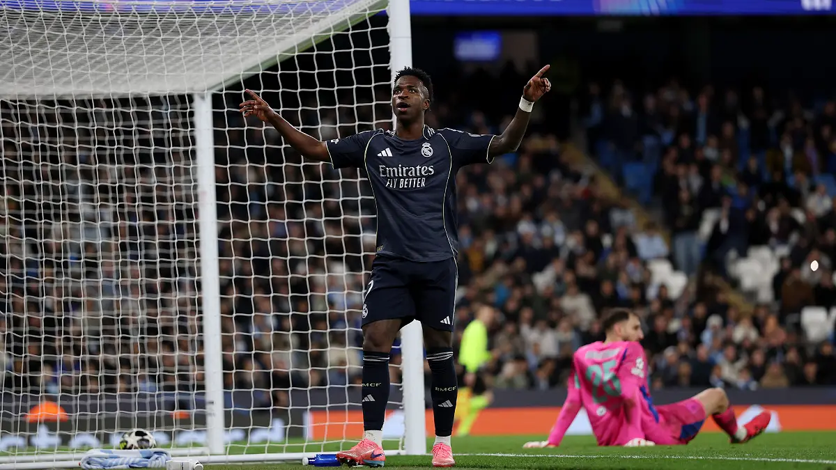 MANCHESTER, ENGLAND - MARCH 17: Vinicius Jr. of Real Madrid celebrates scoring a goal that is later disallowed following a VAR review during the UEFA Champions League 2025/26 Round of 16 Second Leg match between Manchester City FC and Real Madrid CF at City of Manchester Stadium on March 17, 2026 in Manchester, England. (Photo by Michael Regan/Getty Images)