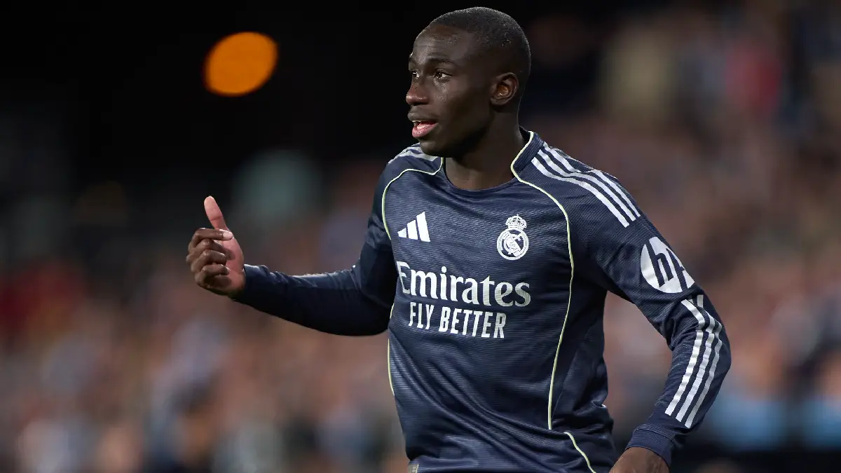 VIGO, SPAIN - MARCH 06: Ferland Mendy of Real Madrid CF reacts during the LaLiga EA Sports match between RC Celta de Vigo and Real Madrid CF at Estadio Abanca-Balaidos on March 06, 2026 in Vigo, Spain. (Photo by Jose Manuel Alvarez Rey/Getty Images)