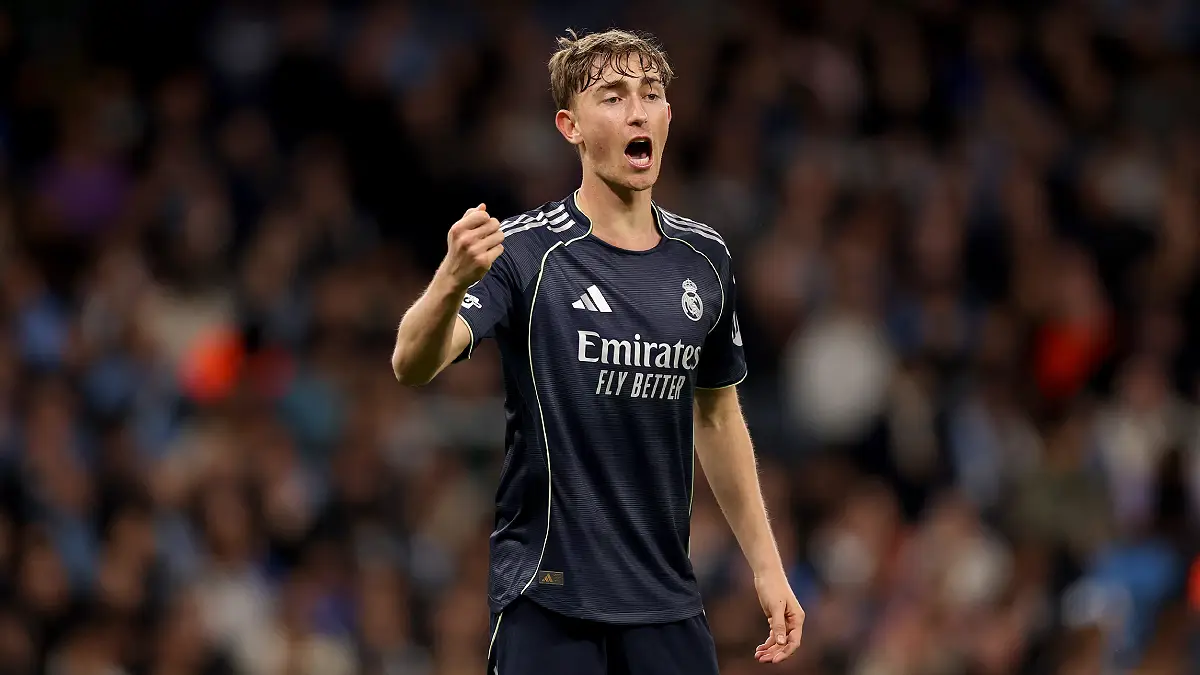 MANCHESTER, ENGLAND - MARCH 17: Dean Huijsen of Real Madrid during the UEFA Champions League 2025/26 Round of 16 Second Leg match between Manchester City FC and Real Madrid CF at City of Manchester Stadium on March 17, 2026 in Manchester, England. (Photo by Carl Recine/Getty Images)