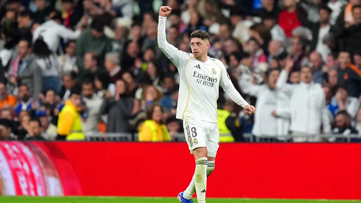 MADRID, SPAIN - MARCH 22: Federico Valverde of Real Madrid celebrates scoring his team's second goal during the LaLiga EA Sports match between Real Madrid CF and Atletico de Madrid at Estadio Santiago Bernabeu on March 22, 2026 in Madrid, Spain. (Photo by Angel Martinez/Getty Images)