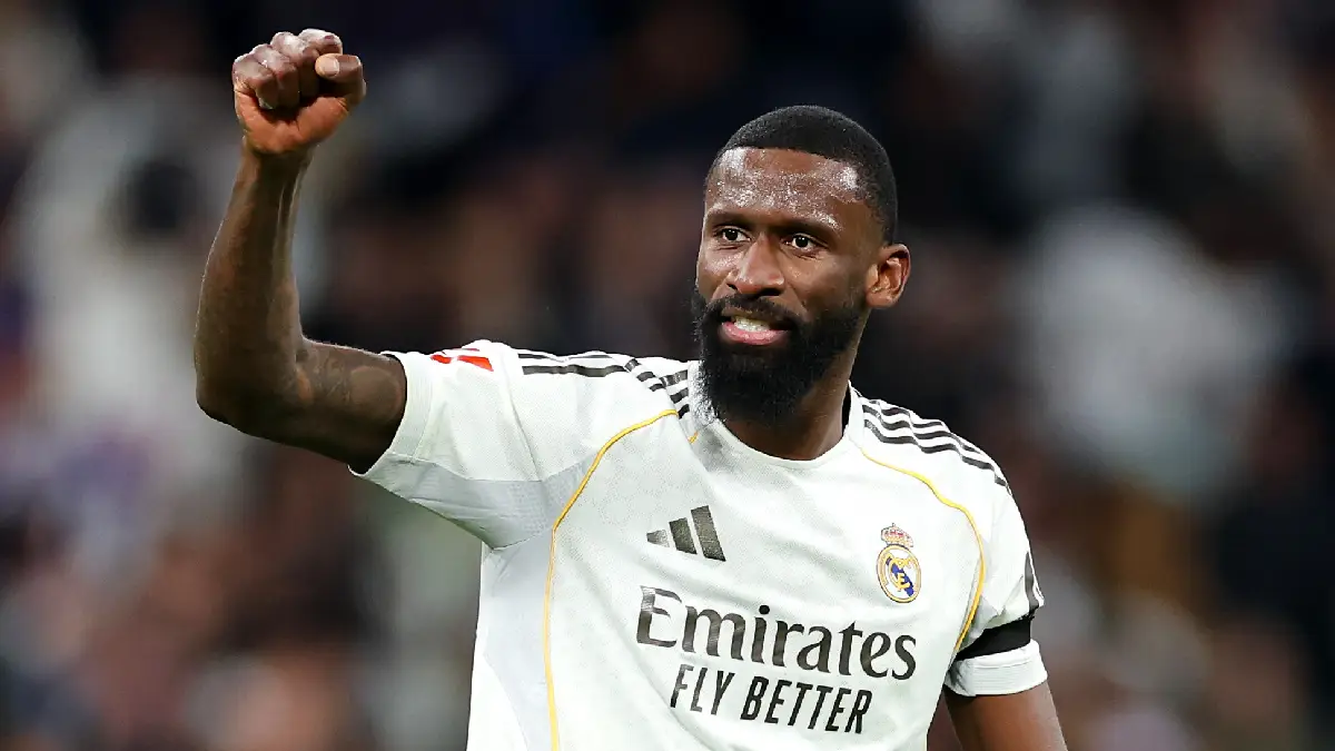 MADRID, SPAIN - MARCH 22: Antonio Rüdiger of Real Madrid celebrates after the team's victory in the LaLiga EA Sports match between Real Madrid CF and Atletico de Madrid at Estadio Santiago Bernabeu on March 22, 2026 in Madrid, Spain. (Photo by Florencia Tan Jun/Getty Images)