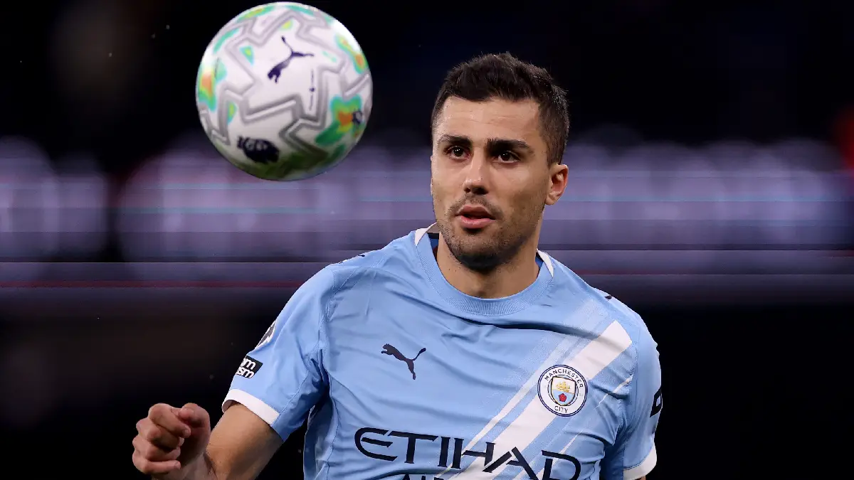 MANCHESTER, ENGLAND - MARCH 04: Rodri of Manchester City during the Premier League match between Manchester City and Nottingham Forest at Etihad Stadium on March 04, 2026 in Manchester, England. (Photo by Carl Recine/Getty Images)