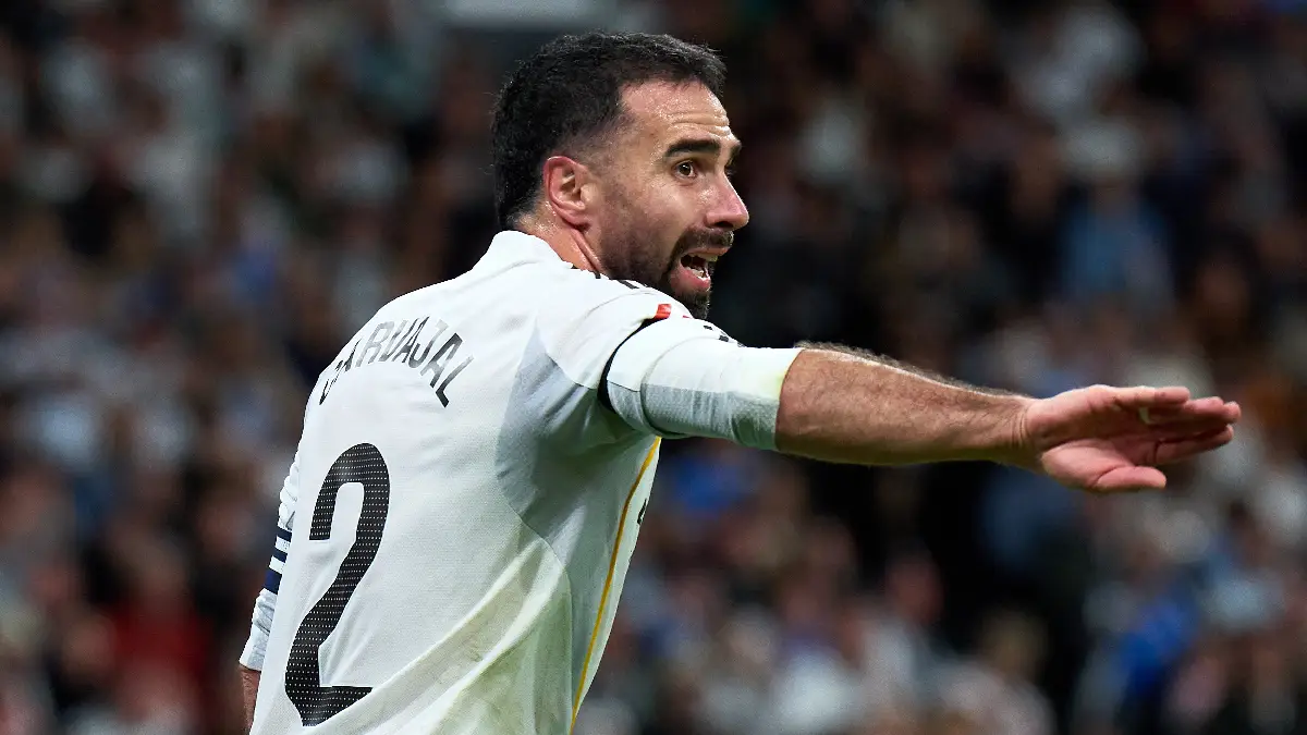 MADRID, SPAIN - MARCH 14: Daniel Carvajal of Real Madrid gestures during the LaLiga EA Sports match between Real Madrid CF and Elche CF at Estadio Santiago Bernabeu on March 14, 2026 in Madrid, Spain. (Photo by Angel Martinez/Getty Images)