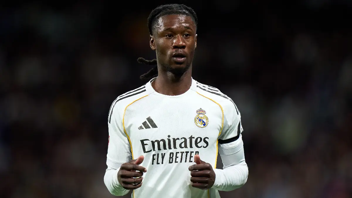 MADRID, SPAIN - MARCH 14: Eduardo Camavinga of Real Madrid looks on during the LaLiga EA Sports match between Real Madrid CF and Elche CF at Estadio Santiago Bernabeu on March 14, 2026 in Madrid, Spain. (Photo by Angel Martinez/Getty Images)