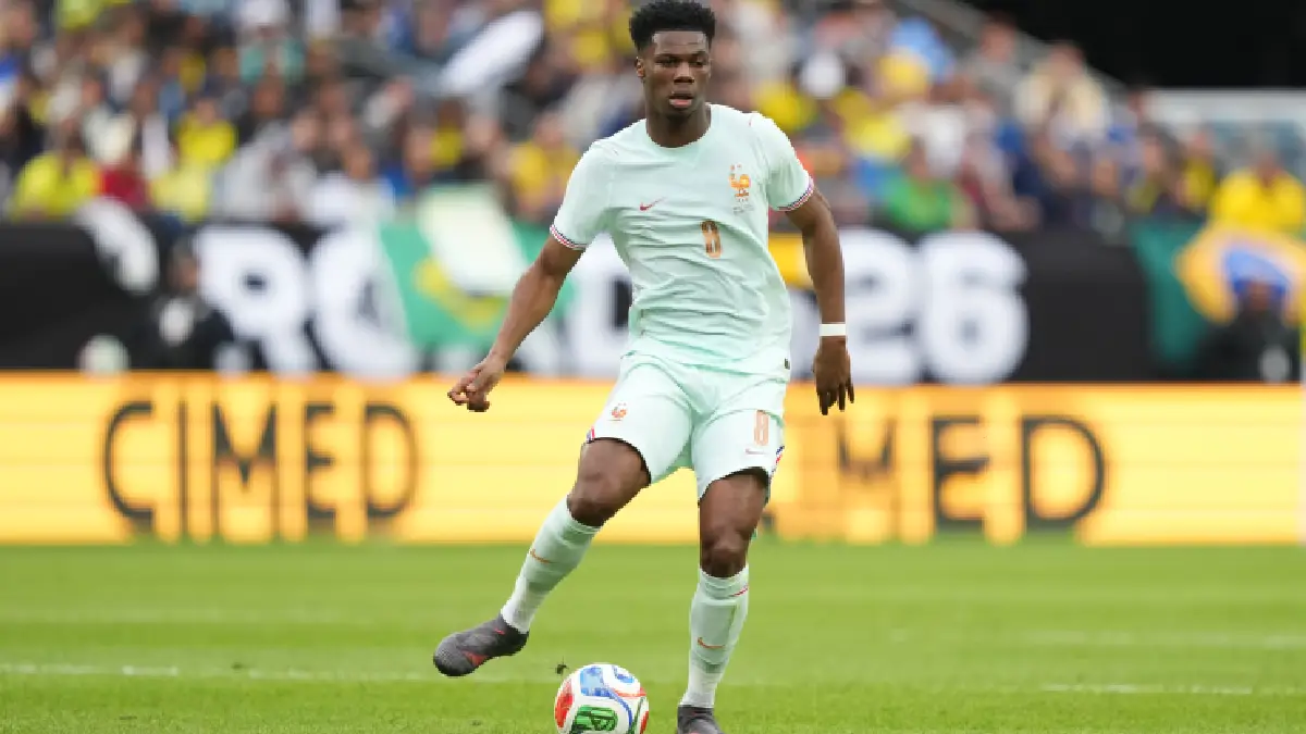 FOXBOROUGH, MASSACHUSETTS - MARCH 26: Aurelien Tchouameni of France runs with the ball during the international friendly match between Brazil and France at Gillette Stadium on March 26, 2026 in Foxborough, Massachusetts. (Photo by Michael Owens/Getty Images)