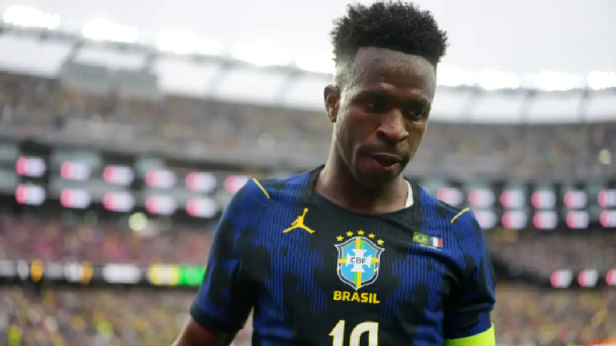 FOXBOROUGH, MASSACHUSETTS - MARCH 26: Vinicius Jr of Brazil reacts during the international friendly match between Brazil and France at Gillette Stadium on March 26, 2026 in Foxborough, Massachusetts. (Photo by Michael Owens/Getty Images)
