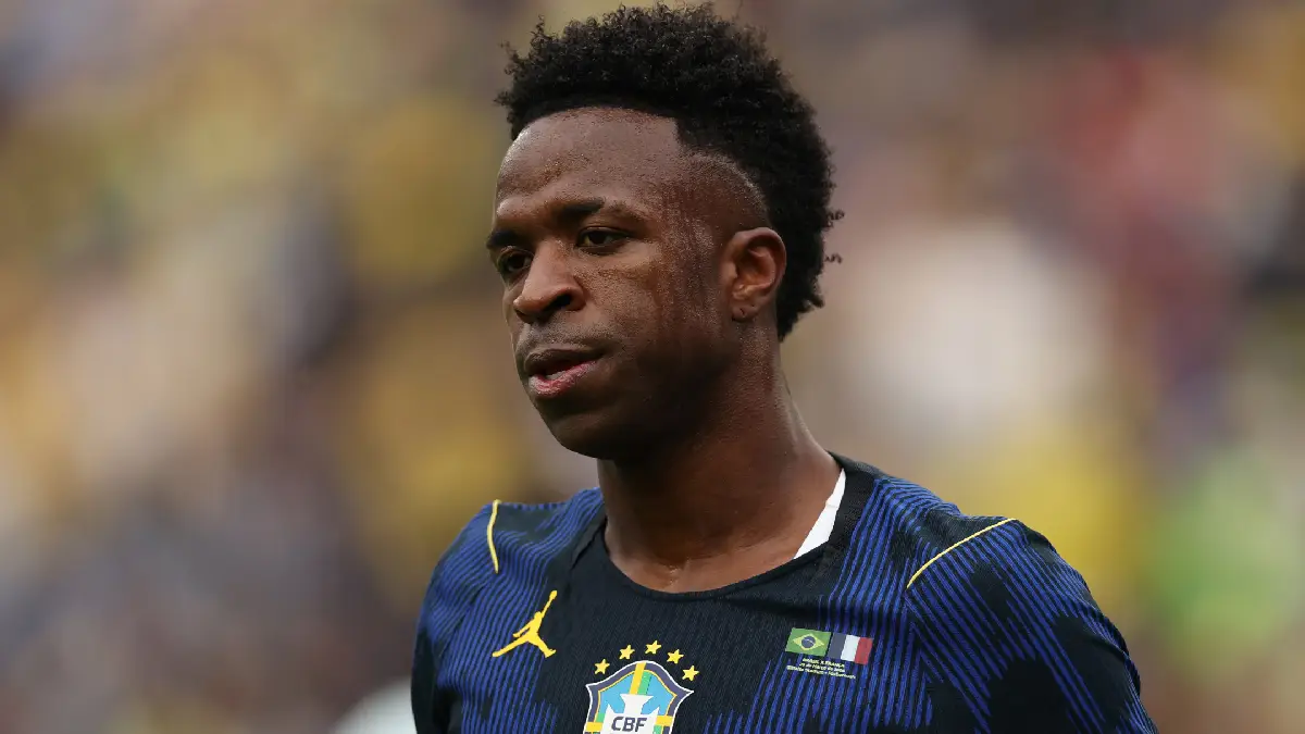 FOXBOROUGH, MASSACHUSETTS - MARCH 26: Vinicius Jr of Brazil looks on during the international friendly match between Brazil and France at Gillette Stadium on March 26, 2026 in Foxborough, Massachusetts. (Photo by Maddie Meyer/Getty Images)