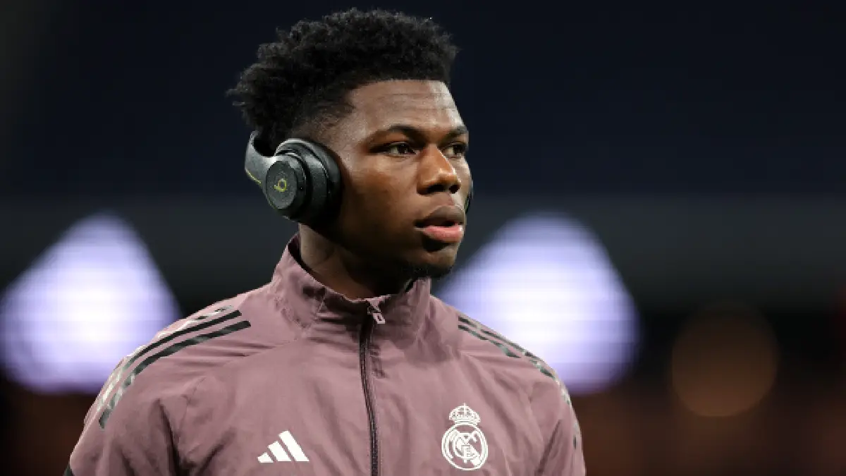 MADRID, SPAIN - MARCH 22: Aurelien Tchouameni of Real Madrid looks on prior to the LaLiga EA Sports match between Real Madrid CF and Atletico de Madrid at Estadio Santiago Bernabeu on March 22, 2026 in Madrid, Spain. (Photo by Florencia Tan Jun/Getty Images)