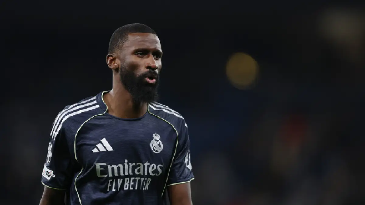 MANCHESTER, ENGLAND - MARCH 17: Antonio Rudiger of Real Madrid during the UEFA Champions League 2025/26 Round of 16 Second Leg match between Manchester City FC and Real Madrid CF at City of Manchester Stadium on March 17, 2026 in Manchester, England. (Photo by Michael Regan/Getty Images)