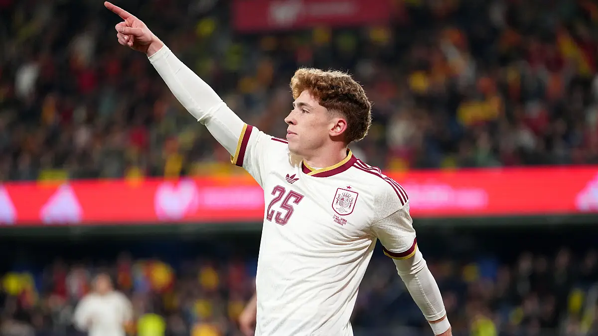 VILLARREAL, SPAIN - MARCH 27: Victor Munoz (former Real Madrid) of Spain celebrates scoring his team's third goal during the International Friendly match between Spain and Serbia at Estadio de la Ceramica on March 27, 2026 in Villarreal, Spain. (Photo by Alex Caparros/Getty Images)