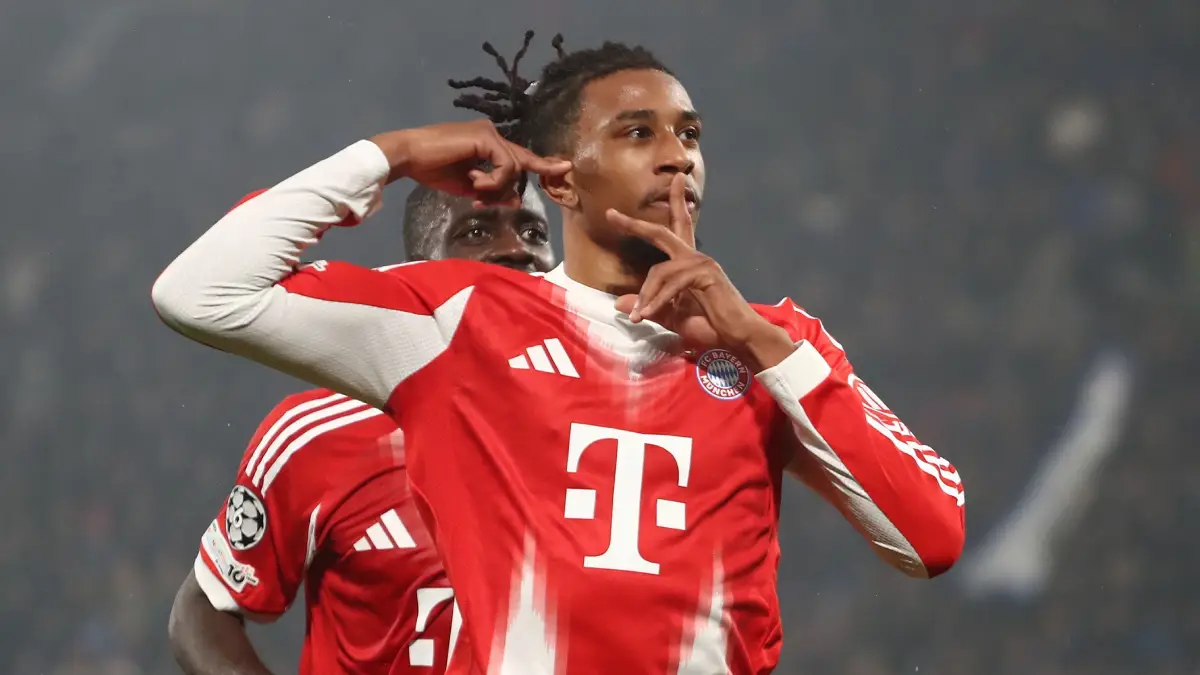 BERGAMO, ITALY - MARCH 10: Michael Olise of FC Bayern Munich celebrates scoring his team's second goal during the UEFA Champions League 2025/26 Round of 16 First Leg match between Atalanta BC and FC Bayern München at Stadio di Bergamo on March 10, 2026 in Bergamo, Italy. (Photo by Marco Luzzani/Getty Images)