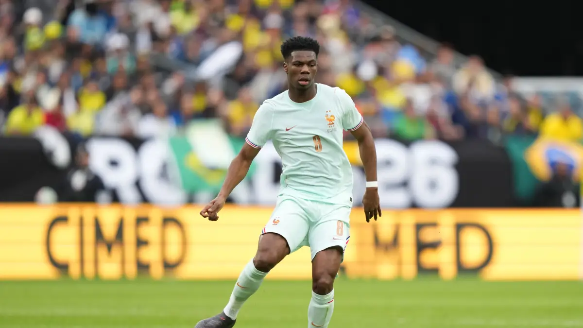 FOXBOROUGH, MASSACHUSETTS - MARCH 26: Aurelien Tchouameni of France runs with the ball during the international friendly match between Brazil and France at Gillette Stadium on March 26, 2026 in Foxborough, Massachusetts. (Photo by Michael Owens/Getty Images)