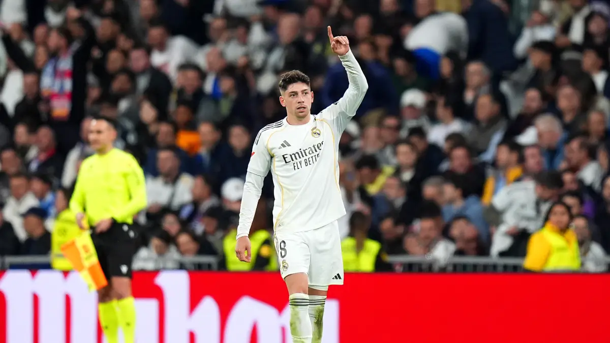 MADRID, SPAIN - MARCH 22: Federico Valverde of Real Madrid celebrates scoring his team's second goal during the LaLiga EA Sports match between Real Madrid CF and Atletico de Madrid at Estadio Santiago Bernabeu on March 22, 2026 in Madrid, Spain. (Photo by Angel Martinez/Getty Images)